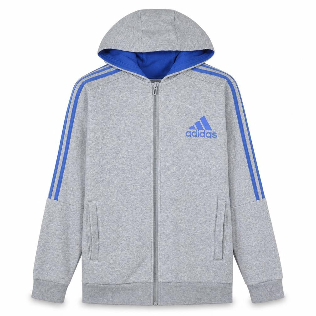 Front view of Adidas boys’ grey full zip hoodie 13-14 years sports logo fleece