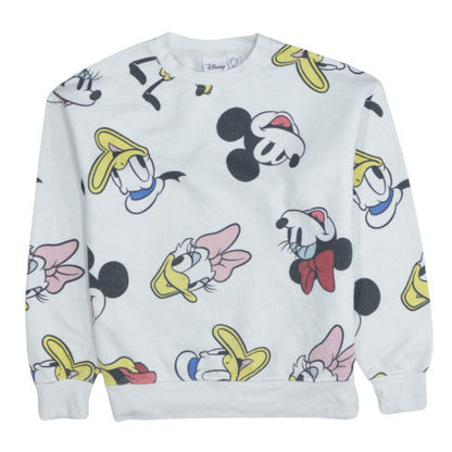 Disney Women White XS Pullover Sweatshirt with Mickey & Friends Print