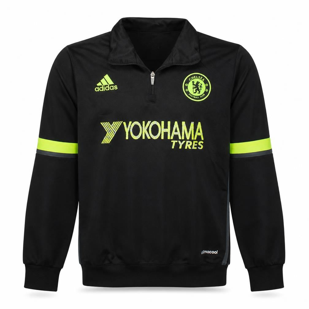 Front view of Adidas Men’s Black Chelsea FC 1/4 Zip Sweatshirt, size L, Climalite