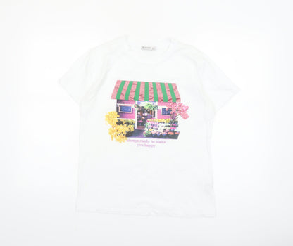 Stradivarius Women White Floral Graphic T-Shirt Short Sleeve Size S