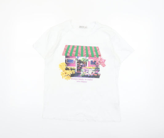 Stradivarius Women White Floral Graphic T-Shirt Short Sleeve Size S