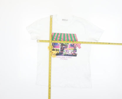 Stradivarius Women White Floral Graphic T-Shirt Short Sleeve Size S