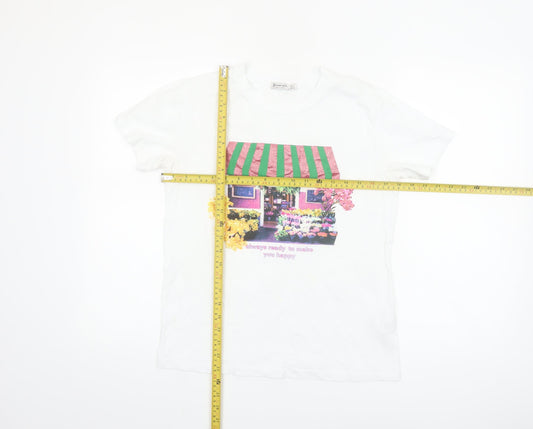 Stradivarius Women White Floral Graphic T-Shirt Short Sleeve Size S