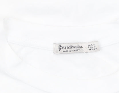Stradivarius Women White Floral Graphic T-Shirt Short Sleeve Size S