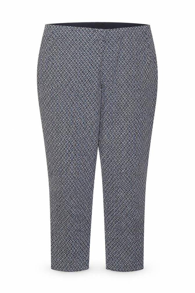 Front view of Dunnes Women's Blue Geometric Print Slim Trousers, size 18