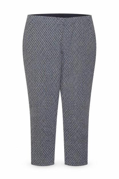 Front view of Dunnes Women's Blue Geometric Print Slim Trousers, size 18