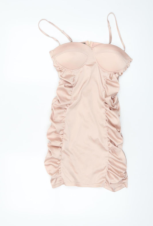 Quiz Women Beige Size 10 Bodycon Short Ruched Strappy Dress