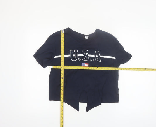 H&M Divided Women’s Blue Cropped USA Print Cotton T-Shirt Size 10
