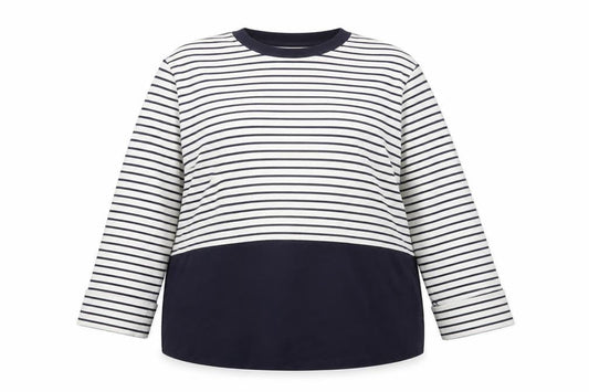 Front view of Gallery Women Blue Striped Long Sleeve Crew Neck Cotton T-Shirt, size 16