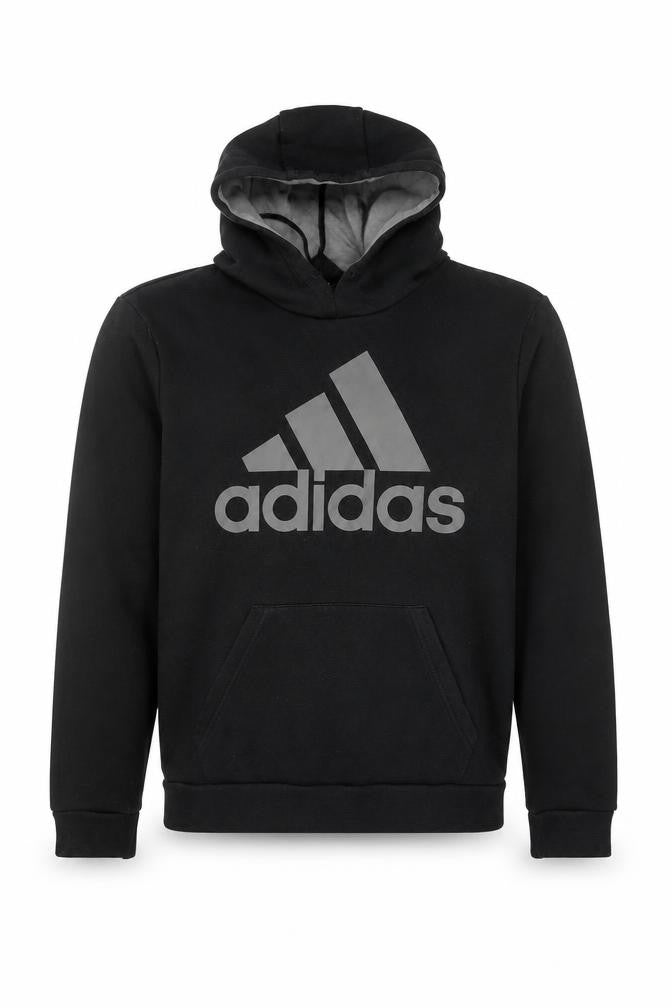 Front view of Adidas Men's Black Pullover Hoodie, size L, Sports Fleece Sweatshirt