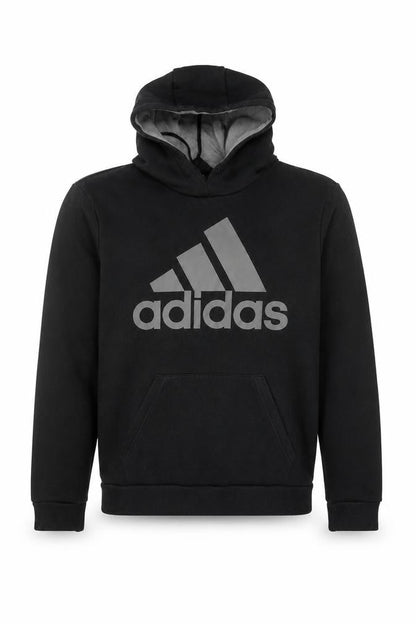 Front view of Adidas Men's Black Pullover Hoodie, size L, Sports Fleece Sweatshirt