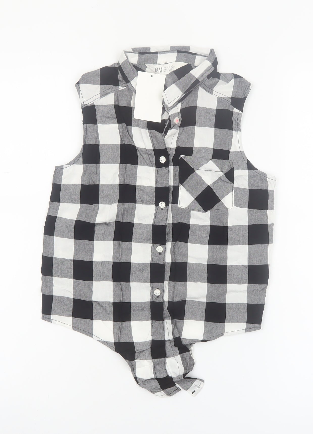 H&M Girls Black & White Check Sleeveless Button-Up Shirt 11-12 Years 100% Viscose