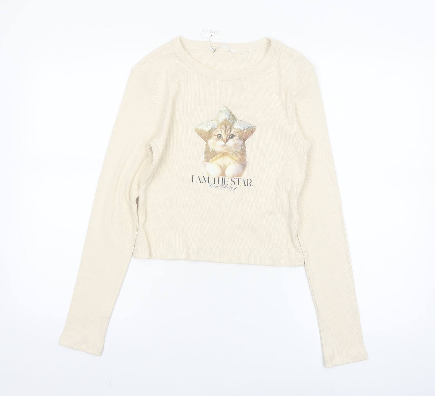 Marks and Spencer Girls Beige Long Sleeve Cat Graphic Cropped T-Shirt 13-14 Years