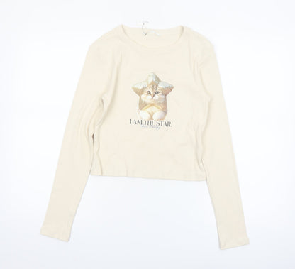 Marks and Spencer Girls Beige Long Sleeve Cat Graphic Cropped T-Shirt 13-14 Years