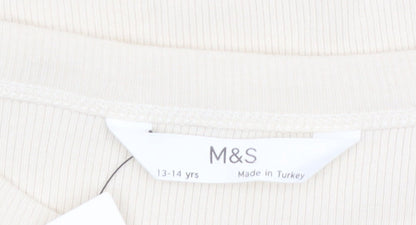 Marks and Spencer Girls Beige Long Sleeve Cat Graphic Cropped T-Shirt 13-14 Years
