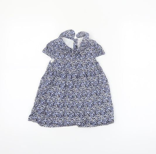 F&F Girls Blue Floral Short Sleeve A-Line Dress 18-24 Months Cotton