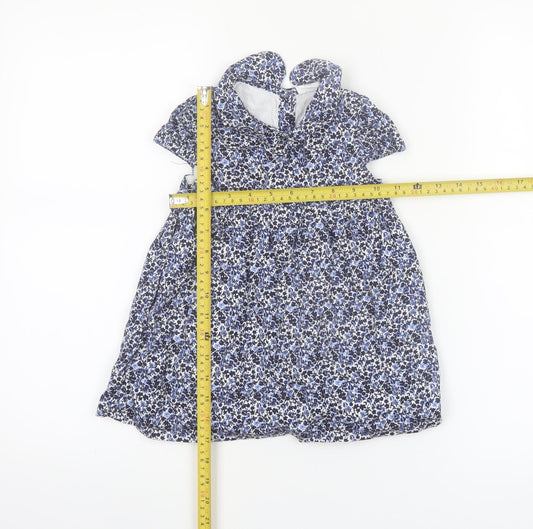F&F Girls Blue Floral Short Sleeve A-Line Dress 18-24 Months Cotton