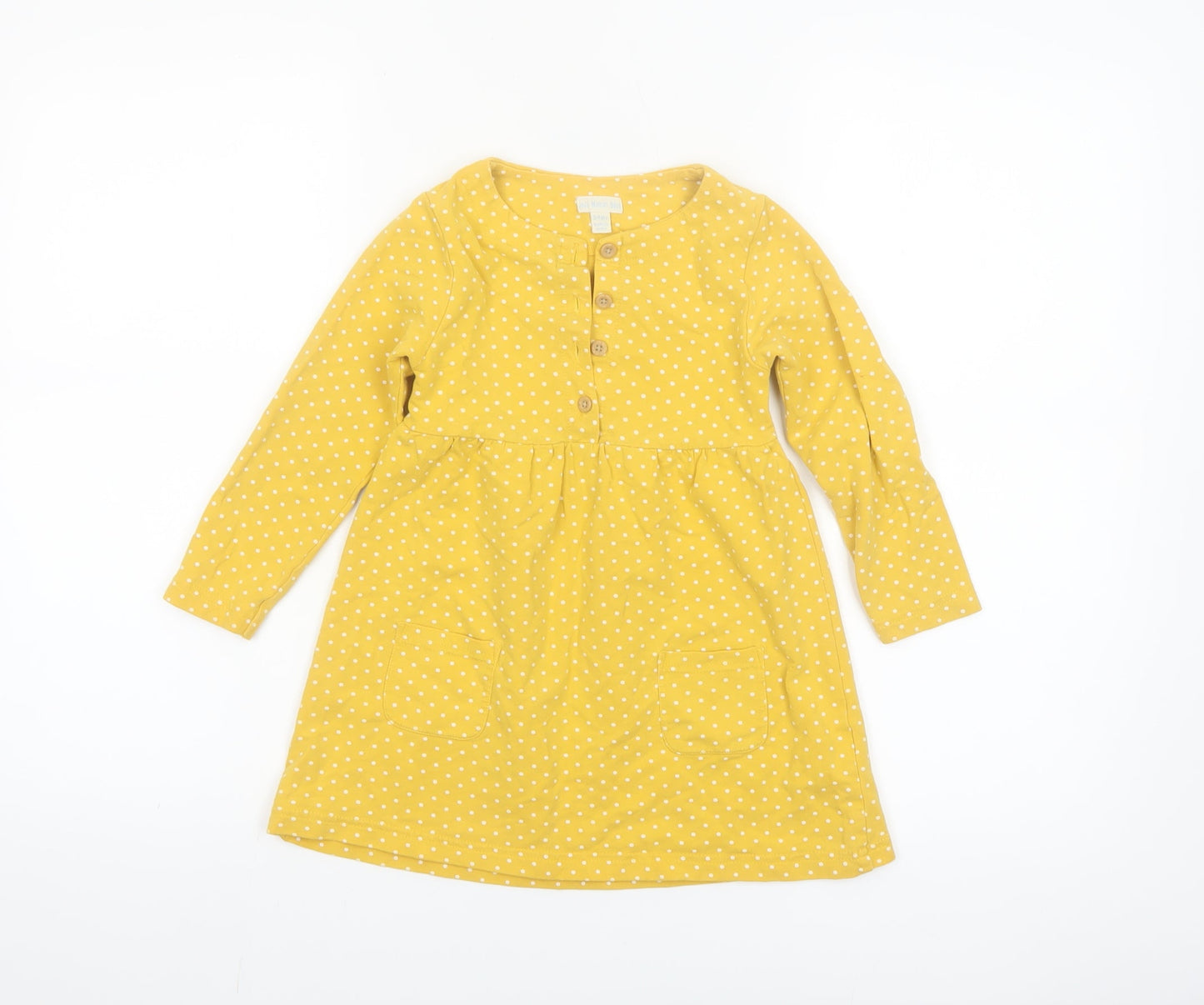 JoJo Maman Bébé Girls Yellow Polka Dot Long Sleeve A-Line Dress 3-4 Years