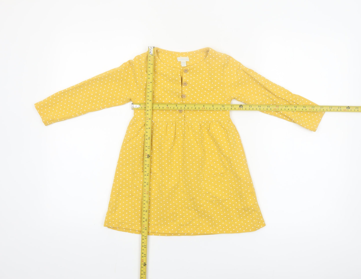 JoJo Maman Bébé Girls Yellow Polka Dot Long Sleeve A-Line Dress 3-4 Years