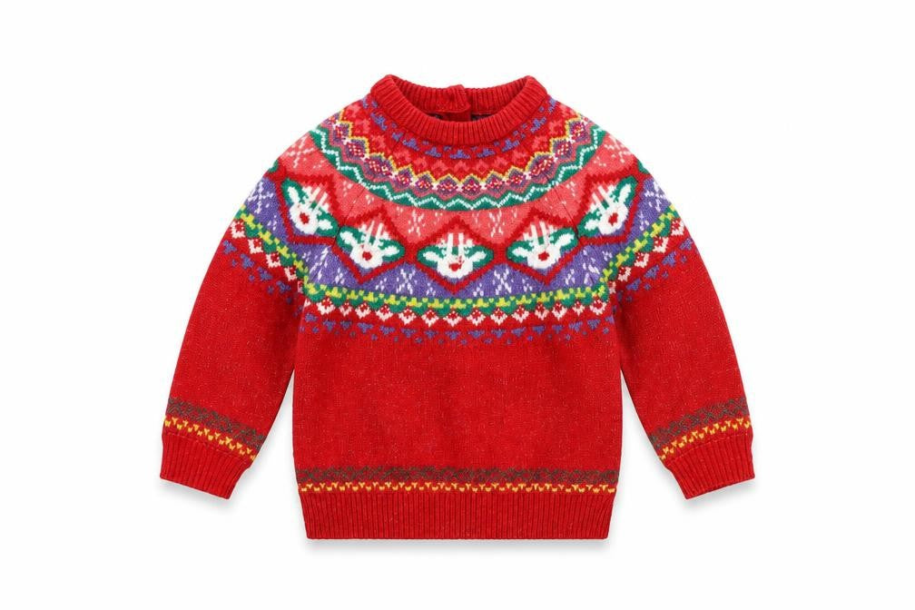 Front view of Dunnes girls’ red fair isle christmas jumper 2-3 years acrylic blend
