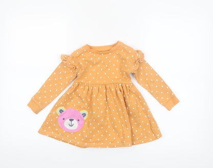 Dunnes Stores Girls Beige Polka Dot Long Sleeve Skater Dress 12-18 Months