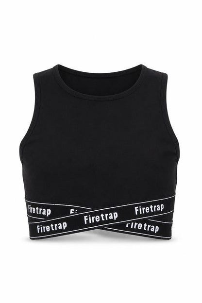 Front view of Firetrap girls’ black cropped tank top 7-8 years logo elastic sports style