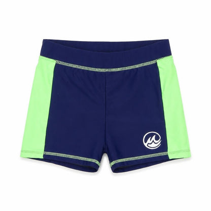Front view of Fun in the Stones boys’ blue green swim shorts 7-8 years trunks