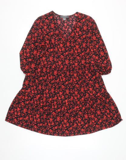 Primark Women’s Black Red Floral A-Line V-Neck 3/4 Sleeve Dress Size 8
