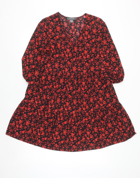Primark Women’s Black Red Floral A-Line V-Neck 3/4 Sleeve Dress Size 8