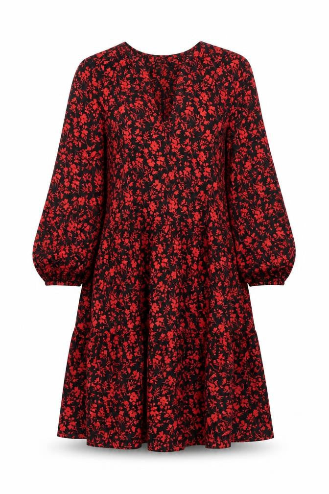 Primark Women’s Black Red Floral A-Line V-Neck 3/4 Sleeve Dress Size 8