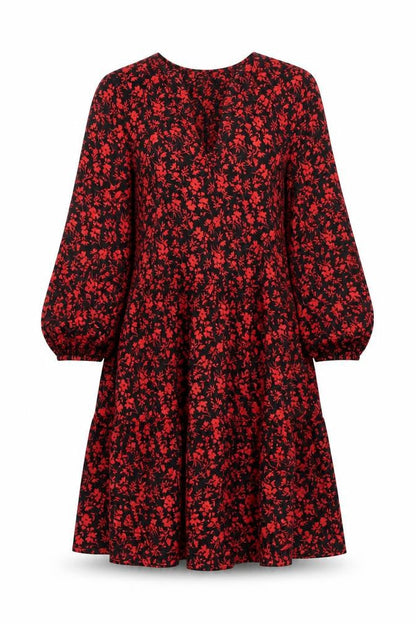 Primark Women’s Black Red Floral A-Line V-Neck 3/4 Sleeve Dress Size 8