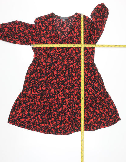 Primark Women’s Black Red Floral A-Line V-Neck 3/4 Sleeve Dress Size 8