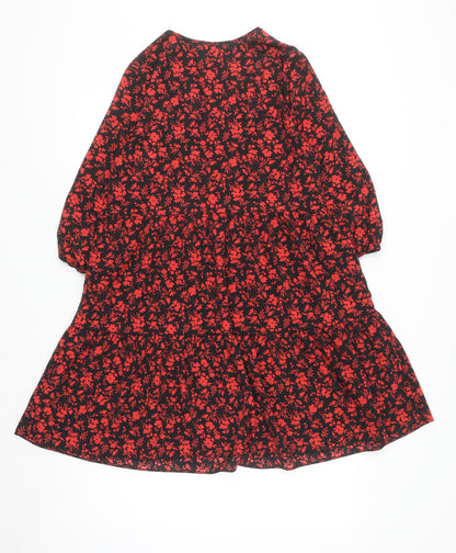 Primark Women’s Black Red Floral A-Line V-Neck 3/4 Sleeve Dress Size 8