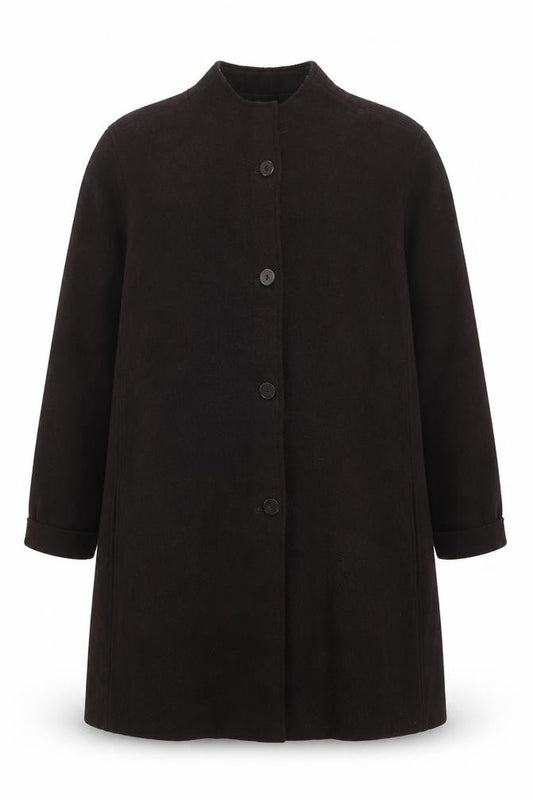 Front view of Mandarin Blue unisex adults brown wool mid-length overcoat 2xl