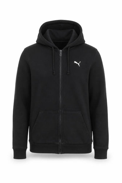 Front view of Puma Men's Black Full Zip Hoodie, size S, Sportswear Fleece