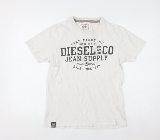Diesel Men's White Graphic Print Cotton Crew Neck T-Shirt Small