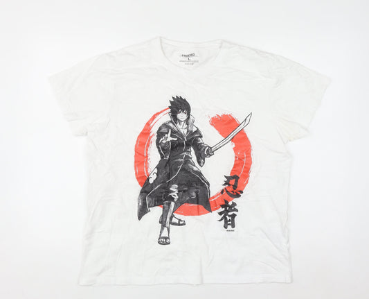 Friking Men's White Large Naruto Anime Graphic Print T-Shirt
