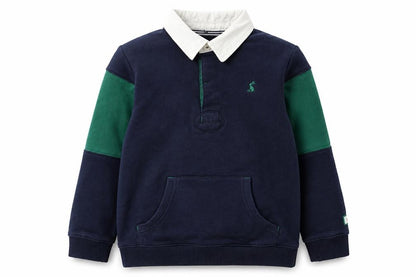 Front view of Joules boys’ navy green collared rugby sweatshirt 8 years cotton blend