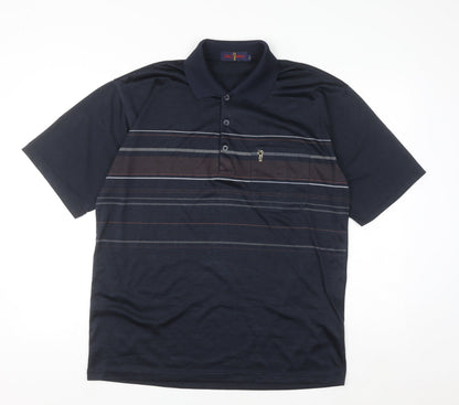 Gold Men Navy Blue Striped Golf Polo Shirt L Cotton Blend