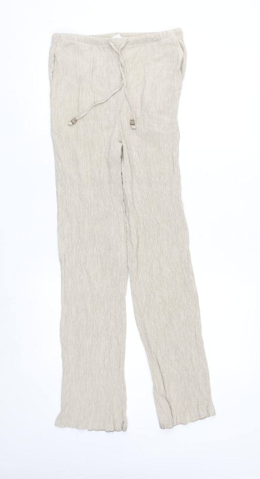 ZARA Women Beige XS Lightweight Straight Trousers with Drawstring Waist