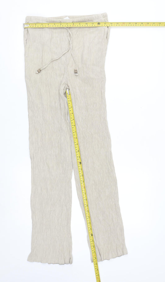ZARA Women Beige XS Lightweight Straight Trousers with Drawstring Waist