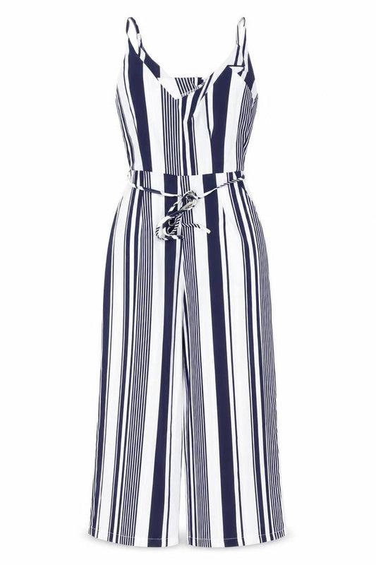 AX Paris Women’s Navy & White Striped Belted Jumpsuit Size 8 Summer Casual