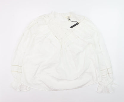 River Island Women’s White Cotton Ruffle High Neck Blouse Size 12