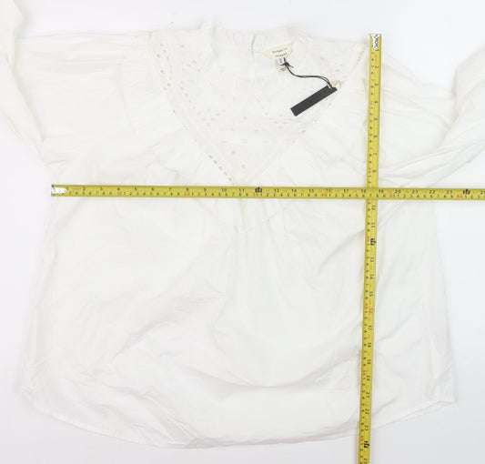 River Island Women’s White Cotton Ruffle High Neck Blouse Size 12