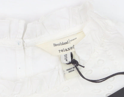 River Island Women’s White Cotton Ruffle High Neck Blouse Size 12