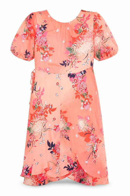 Front view of Principles Women’s Pink Floral Midi Wrap Dress, size UK 14