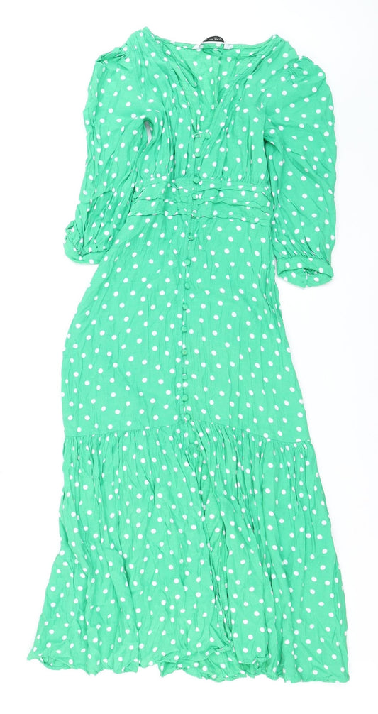 Zara Women Green Polka Dot Midi Fit & Flare Dress S