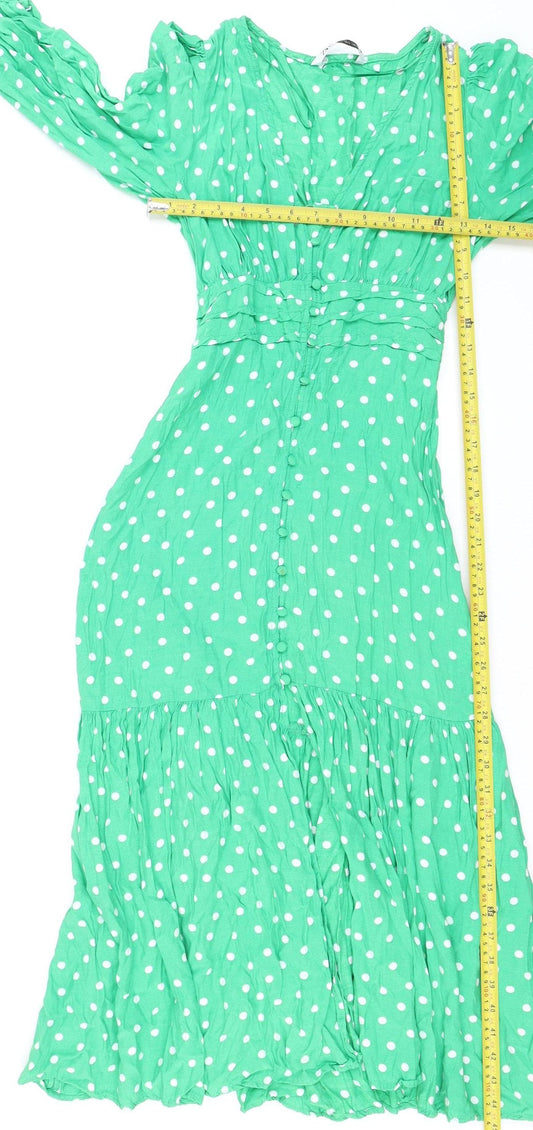 Zara Women Green Polka Dot Midi Fit & Flare Dress S