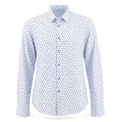 Front view of Zara unisex white floral slim fit long sleeve button-up shirt l