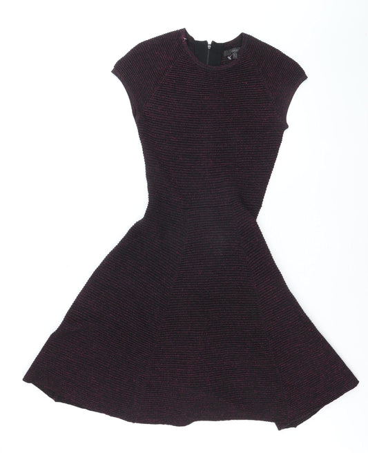 Coast Women Black & Purple Fit & Flare Short Sleeve Knit Dress UK 10